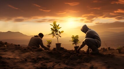 two men planting plants in the summer , creative concept , ai generative  - obrazy, fototapety, plakaty