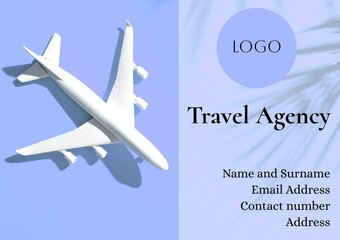 Composite of toy airplane and logo, travel agency, name, surname, address, contact and email details