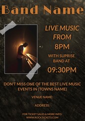 Composite of man playing piano and band name, live music from 8 pm with surprise band at 9 30 pm