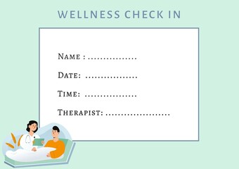 Illustration of doctor and patient with wellness check in, name, date, time, therapist text