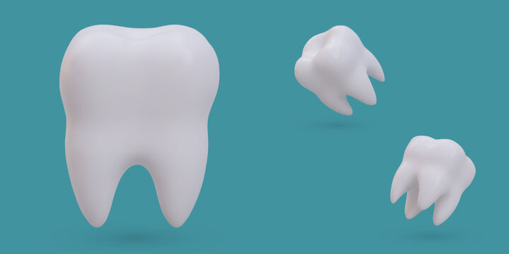 Set of realistic angular teeth. White healthy molar, view from different sides. Clean tooth with shadows and highlights. Illustration for dental business