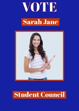 Portrait Of Caucasian Woman With Book And Vote Sarah Jane And Student Council Text, Copy Space