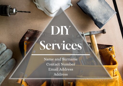 Diy services, name and surname, contact number, email address, address over work tools on table