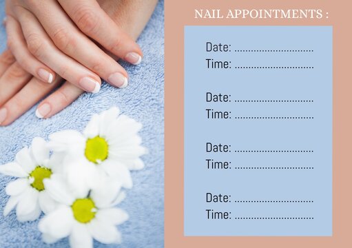 Cropped hands of woman with flowers and nail appointments with date and time text - Powered by Adobe