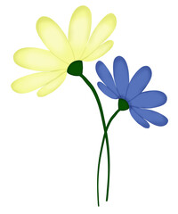 Two flowers, yellow and blue.