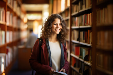 AI generated image of young female standing in library