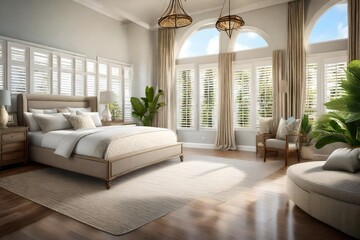 There is a bedroom with a made bed adorned with decorative pillows