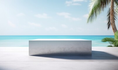 selective focus. interiors of concrete podium or table top with tropical sea background.relax and vacation concepts. Generative AI
