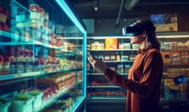 person wearing vr glass,virtual reality headsets and using virtual assistant or panel interface hologram transparent for shopping product.technology development.generative ai, Generative AI