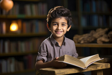 Indian happy and cute kid or little boy reading book, looking at camera - obrazy, fototapety, plakaty