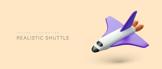 Realistic shuttle in flight. Spaceship with engine running, fire from nozzle. Space excursions, expeditions. Flight in weightlessness. Vector color concept