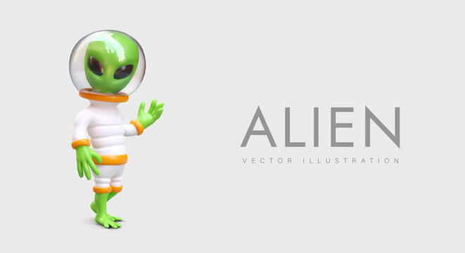 Green alien in space suit with transparent helmet. Realistic humanoid greeting gesture. Extraterrestrial civilization. Color character in cartoon style. Banner layout