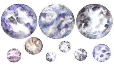 Set of space planets with texture and streaks, colorful abstract geometric circle. Watercolor illustration isolated on transparent background