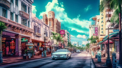 Fototapeta na wymiar Local summer shopping district / Naha Kokusaidori Street in Okinawa, Japan. Generative AI.