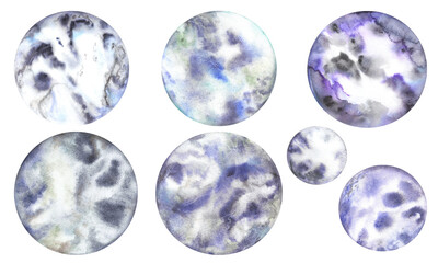 Set of space planets, moons with texture and stains colorful abstract geometric circle in gray tones. Watercolor illustration isolated on transparent background