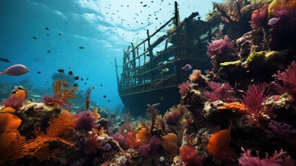 Naklejka premium Sunken ship graveyard transformed into vibrant coral habitat | generative AI