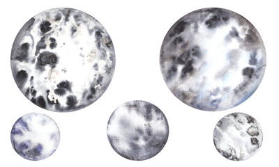 Set of space planets, moons with texture and stains colorful abstract geometric circle in gray tones. Watercolor illustration isolated on transparent background