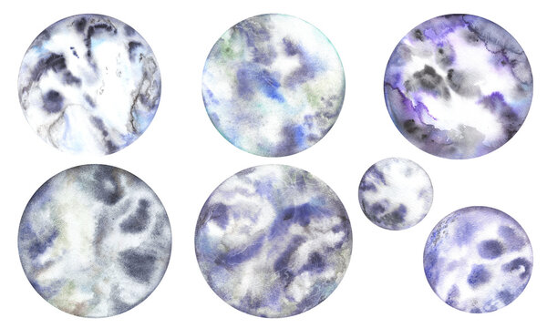 Fototapeta Set of space planets, moons with texture and stains colorful abstract geometric circle in gray tones. Watercolor illustration isolated on transparent background