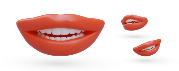 Realistic isolated human smile. Set of vector objects. Healthy white teeth. Icons for dental business. Oral health care. Even bite. Lip correction. Cosmetic surgery. Image with shadows