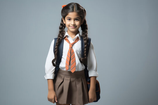 Cute little Indian schoolgirl in uniform looking at camera with backpack while standing - Powered by Adobe