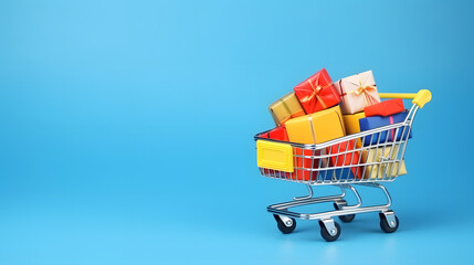 Shopping cart full of colorful gift boxes on blue background