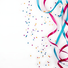 Fototapeta premium Streamers and colored confetti on the edges, white background