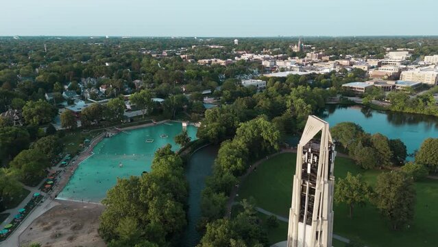 Aerial wide shot of residential urban district downtown Naperville USA. 