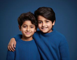 Obraz premium Winter portrait of happy Indian children wearing sweaters, looking at camera with smile