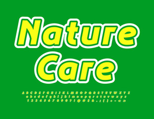 Vector creative logo Nature Care with bright Font. Yellow and Green Alphabet Letters and Numbers set. 