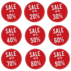 Red round glossy sale tags with different discount sets. 10, 15, 20, 30, 40, 50, 60, 70, and 75 percent. Vector illustration of a badge sticker label. Isolated on a yellow background