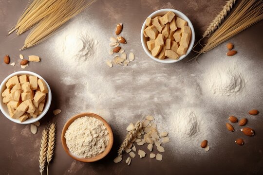 Various gluten free flour almond flour, oatmeal flour, buckwheat flour, rice flour, corn flour, Generative AI