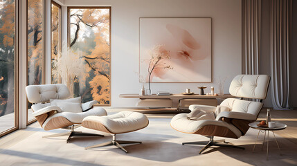 white minimalist sofa and a futuristic recliner chair in chrome