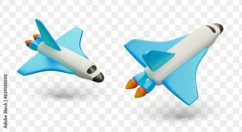 Aufkleber 3d shuttle in flight. colorful spaceship, view from different sides. isolated vector object in carto