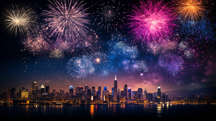 Fototapeta na wymiar Colorful Fireworks above night City Cityscape Celebrating New Years Eve. Generative AI.