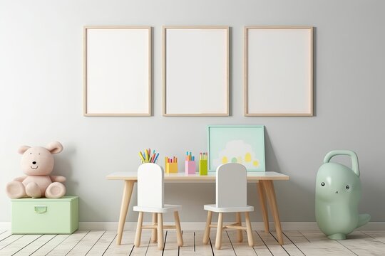 Children working room,Mock up poster frame in children room, Generative AI © James
