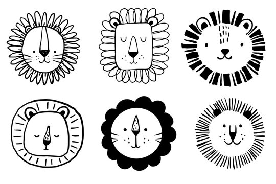Lion heads set. Funny vector character drawing. Drawing black pen