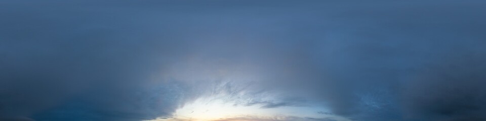Sunset sky panorama with bright glowing pink Cirrus clouds. HDR 360 seamless spherical panorama. Full zenith or sky dome for 3D visualization, sky replacement for aerial drone panoramas.