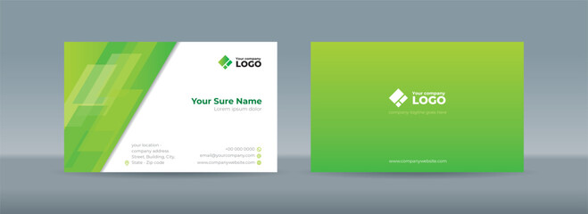 Set of double sided business card templates with simple minimalist modern abstract random transparent skew rectangle glass on green background