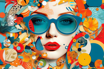 Retro Woman Collage. Minimalistic Nostalgic Pop Art Poster, Trendy and Cool Colourful Design, Glamour and Elegance in Graphic Artwork, Creative Inspiration. Generative AI.