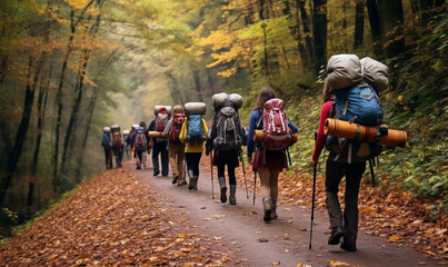 Group of backpackers trekking on the road in an autumn forest