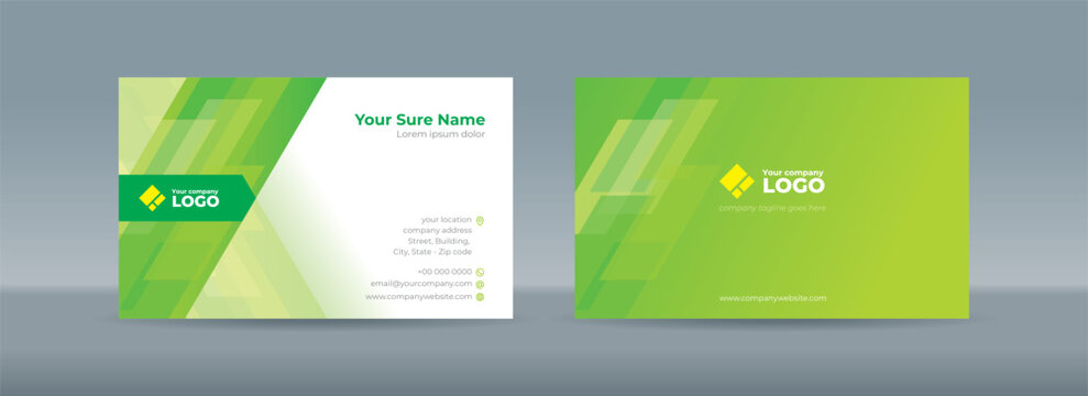 Set of double sided business card templates with simple minimalist modern abstract random transparent skew rectangle glass on green background