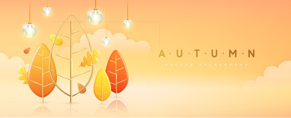 Autumn seasonal background with 3D leaves, trees and electirc lamps. Vector illustration