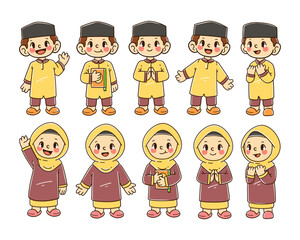 Muslim kids character illustration set