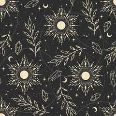 Vector seamless pattern with  moon, plants and stars. Mystical esoteric background for design of fabric, packaging, astrology, phone case, wrapping paper.