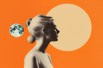 Retro Woman Collage. Minimalistic Nostalgic Pop Art Poster, Trendy and Cool Colourful Design, Glamour and Elegance in Graphic Artwork, Creative Inspiration. Generative AI.