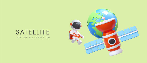 Communication satellite, Earth, astronaut in outer space. Global positioning system, GPS. Data collection and transmission services. Espionage, monitoring, surveillance © ArtHub02