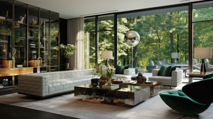 Fototapeta na wymiar Expansive modern living room with large windows