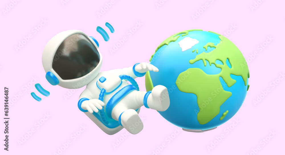 Poster astronaut in outer space receives radio signal. color realistic composition. cosmonaut in orbit arou