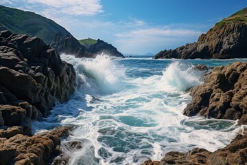 Fototapeta na wymiar Rocky Coastline With Waves Crashing, Generative AI