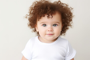 Naklejka premium infant wearing blank white baby bodysuit, baby onesie, curly hair